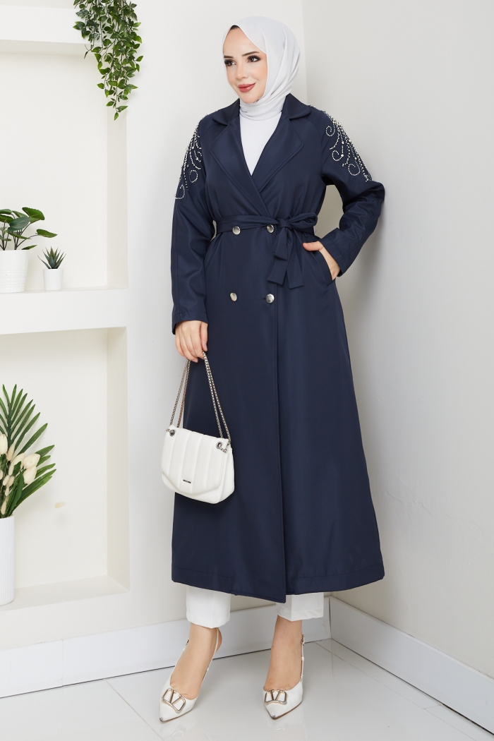 Bilge Omuzu İşlemeli Tesettür Trenç - Laci