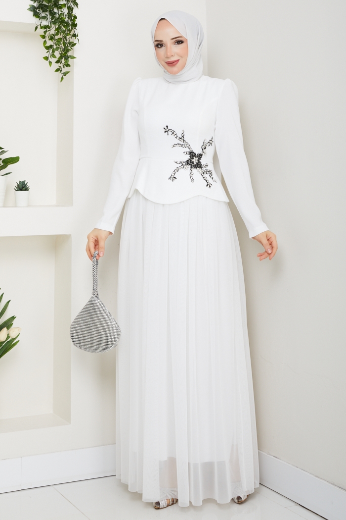 Balım Tesettür Abiye Elbise - Beyaz