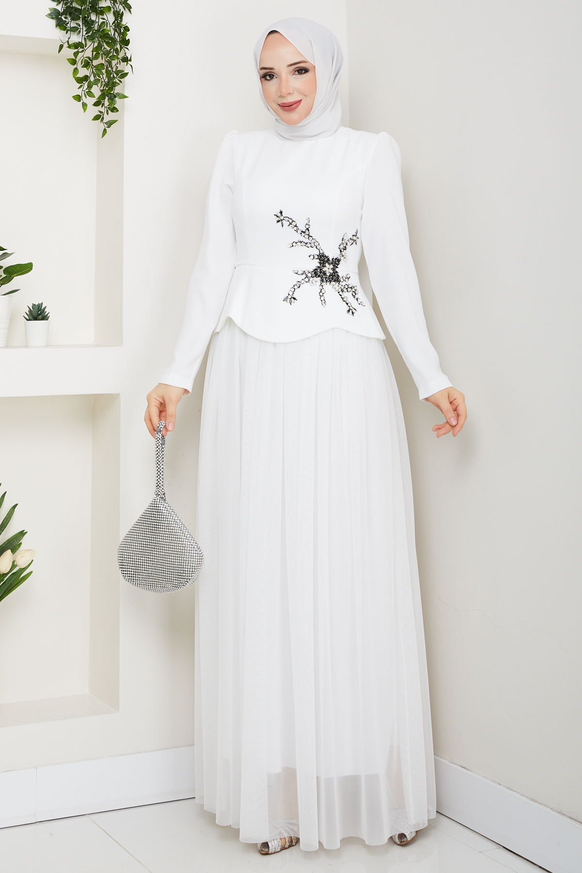 Balım Tesettür Abiye Elbise - Beyaz