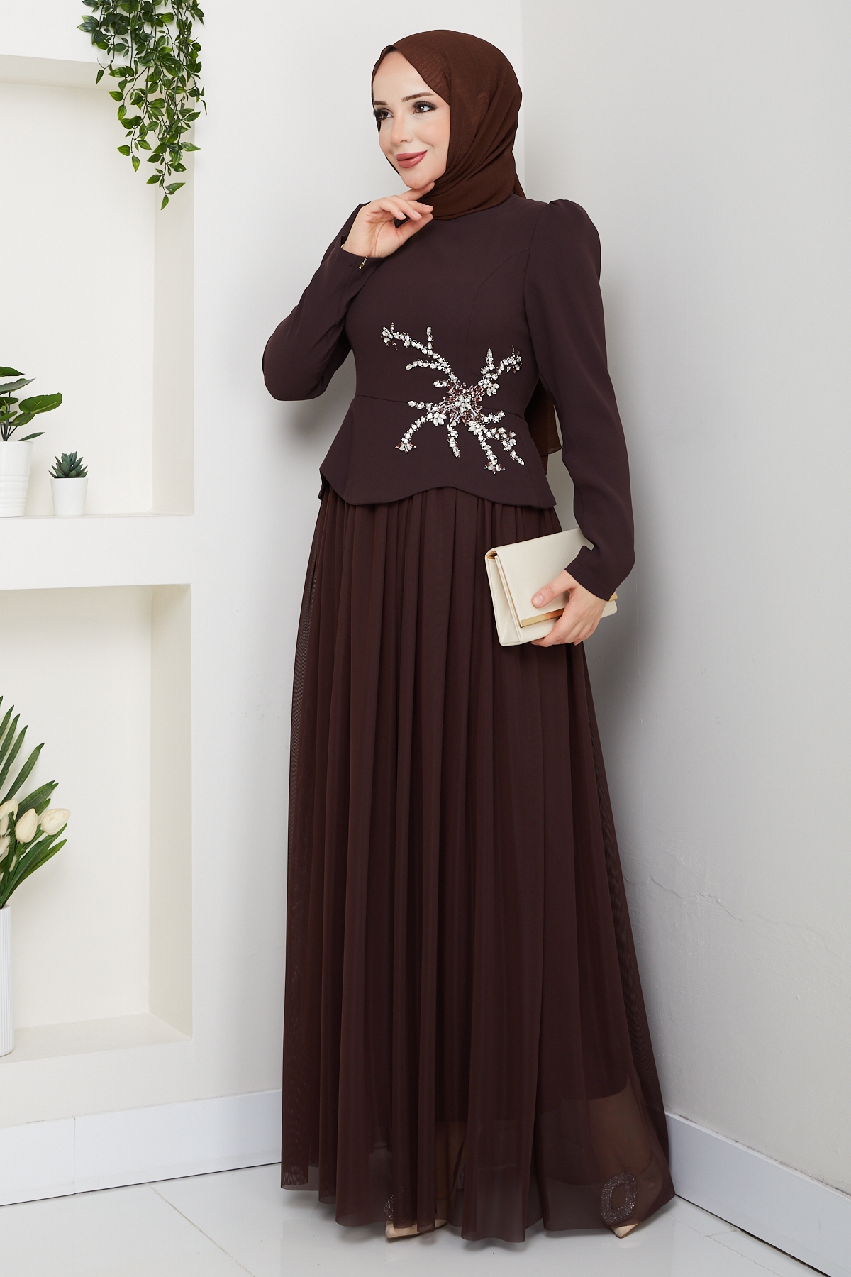Balım Tesettür Abiye Elbise - Kahve