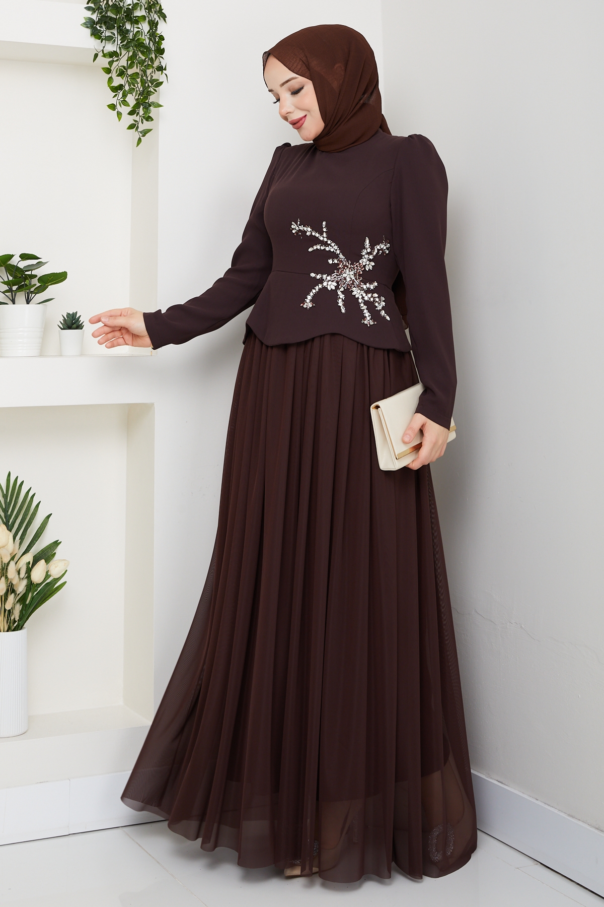 Balım Tesettür Abiye Elbise - Kahve