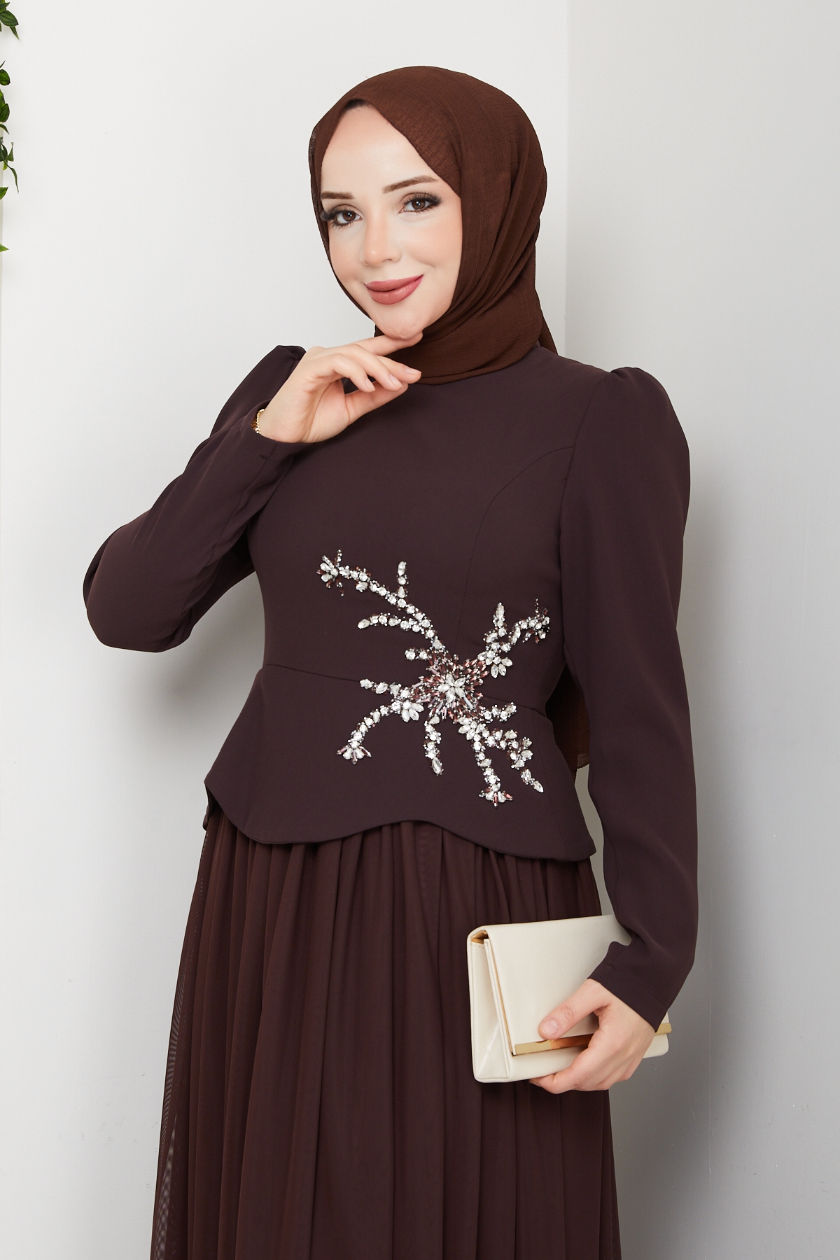 Balım Tesettür Abiye Elbise - Kahve