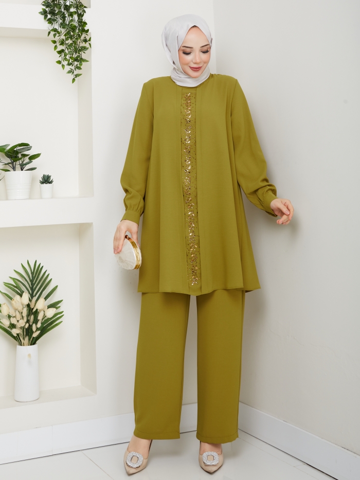 Meltem Tesettür Pantolonlu Takım - Yağ Yeşili