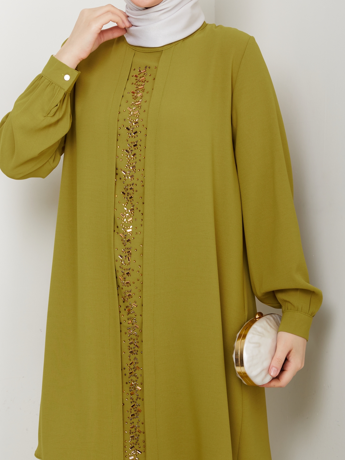 Meltem Tesettür Pantolonlu Takım - Yağ Yeşili