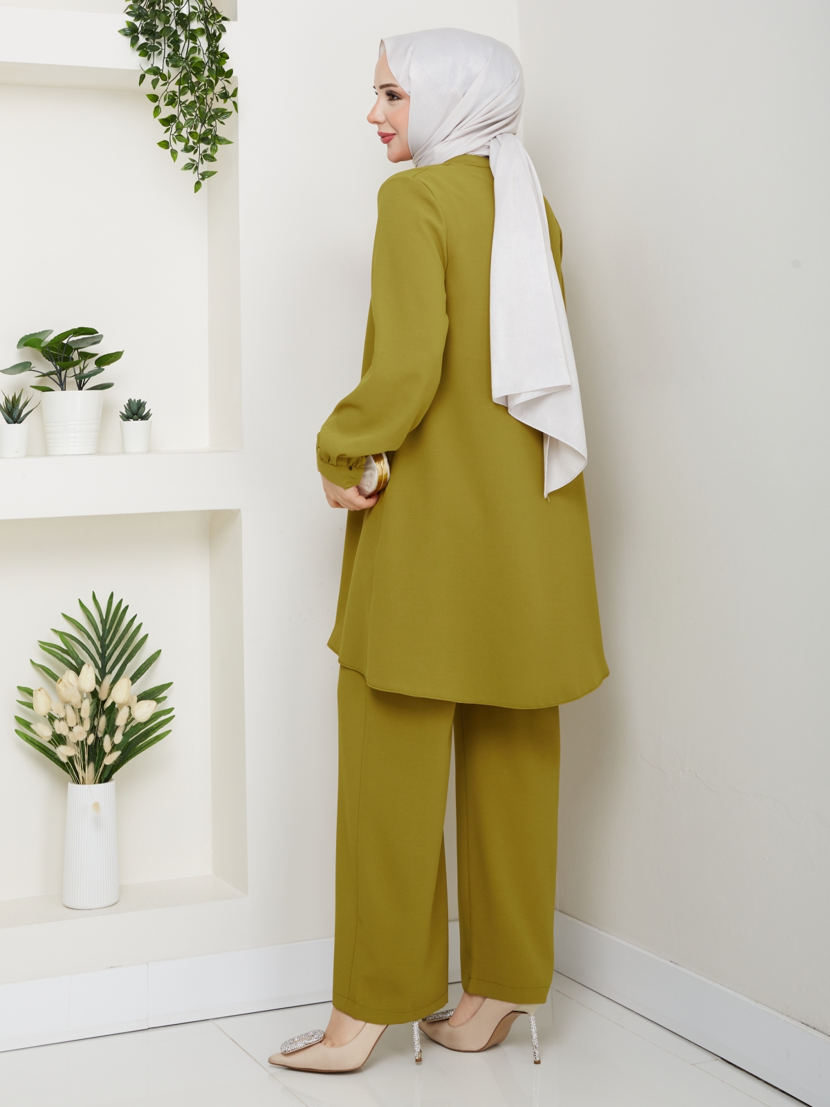 Meltem Tesettür Pantolonlu Takım - Yağ Yeşili