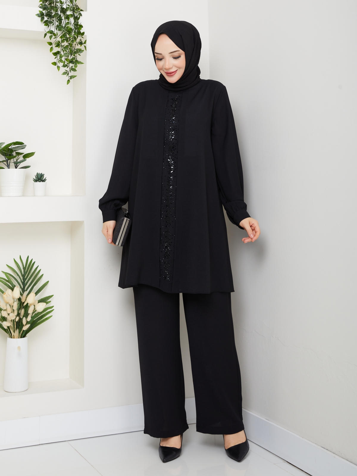 Meltem Tesettür Pantolonlu Takım - Siyah
