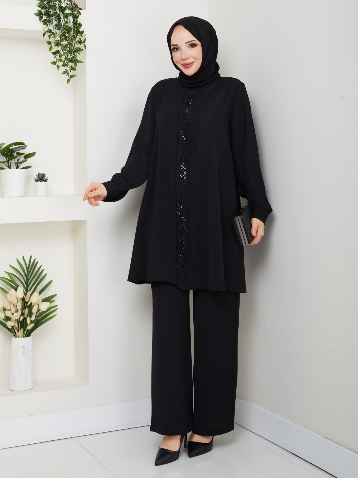 Meltem Tesettür Pantolonlu Takım - Siyah