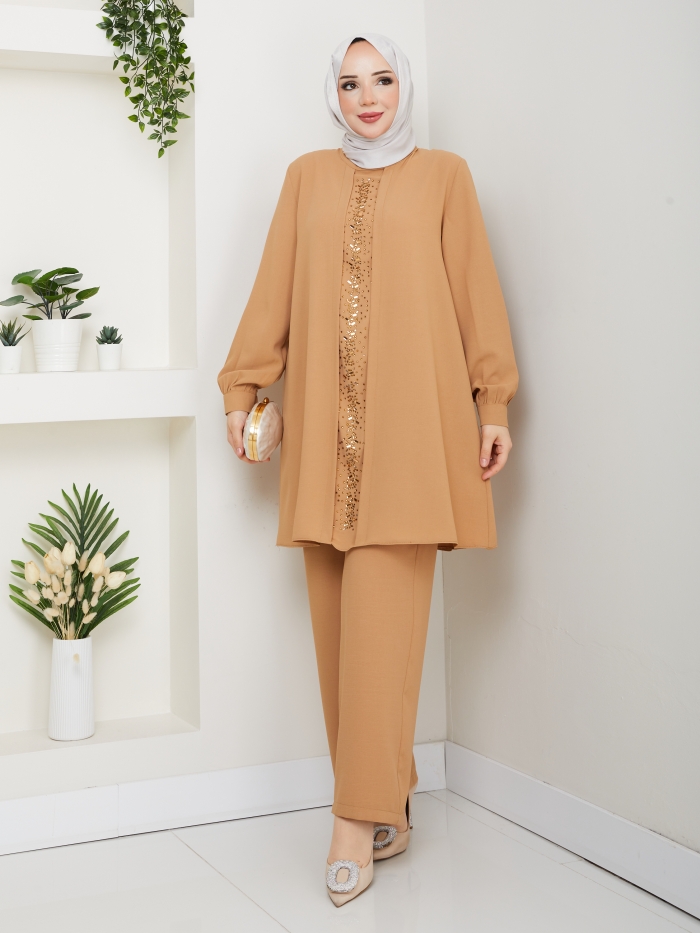 Meltem Tesettür Pantolonlu Takım - Somon