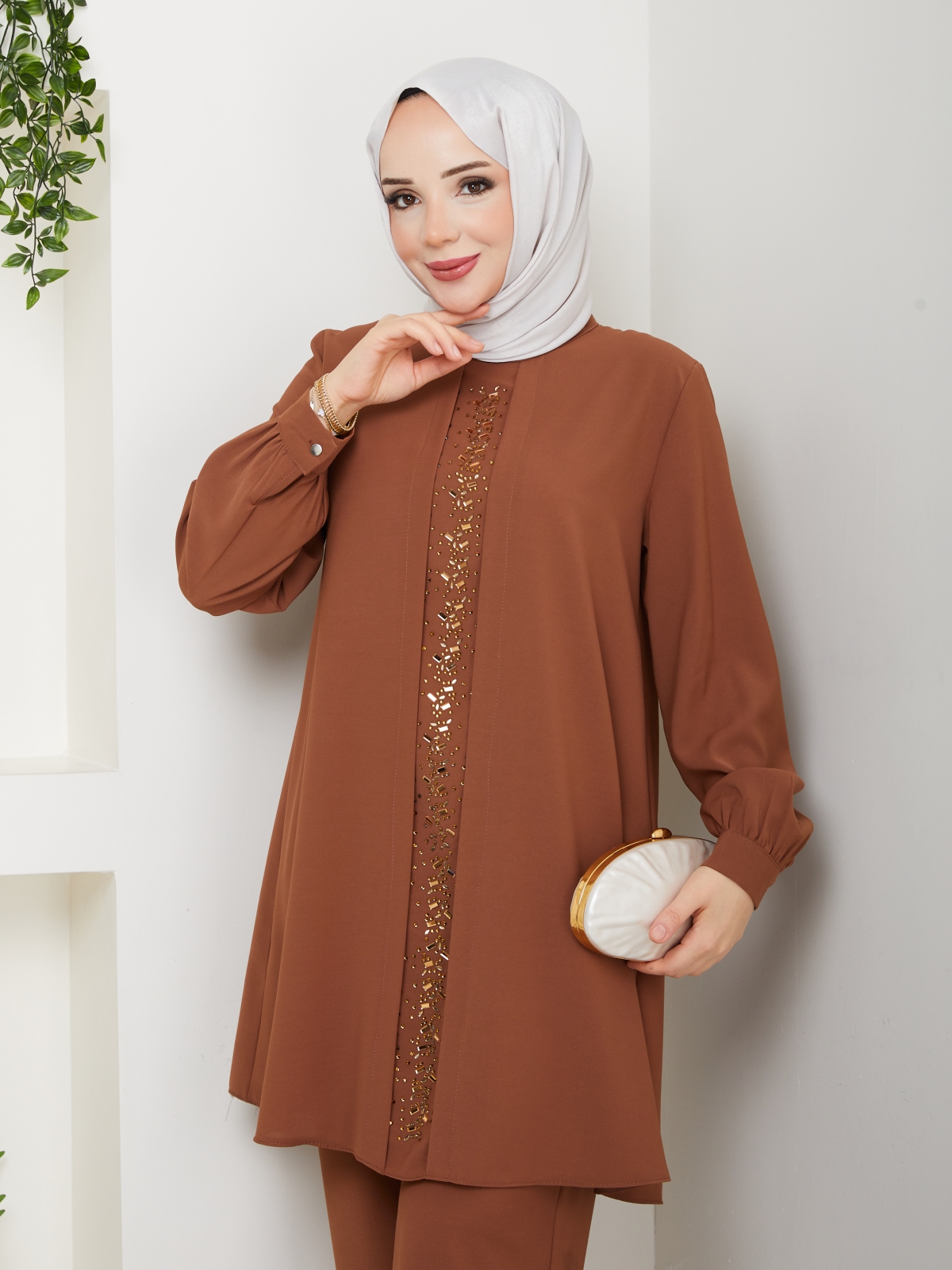 Meltem Tesettür Pantolonlu Takım - Kiremit