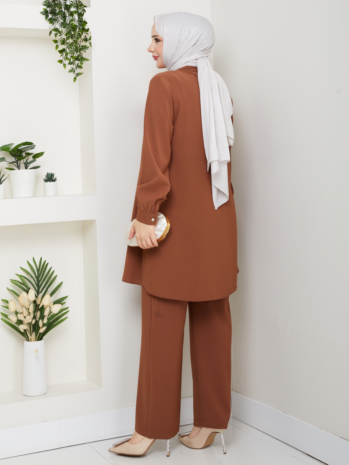 Meltem Tesettür Pantolonlu Takım - Kiremit