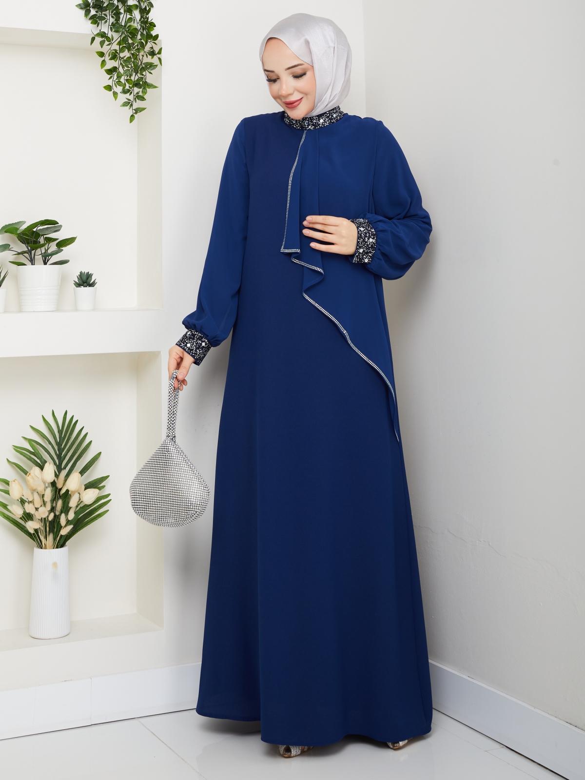 İpek Tesettür Abiye Elbise - Saks