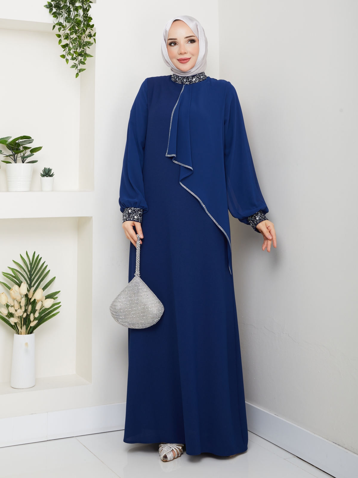 İpek Tesettür Abiye Elbise - Saks