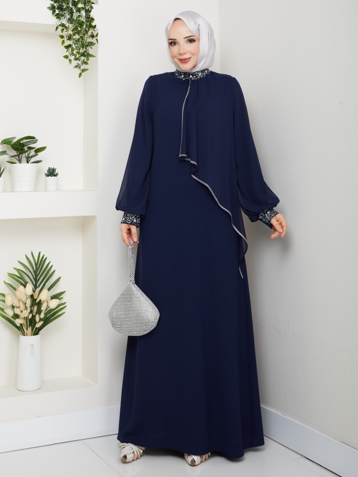 İpek Tesettür Abiye Elbise - Lacivert