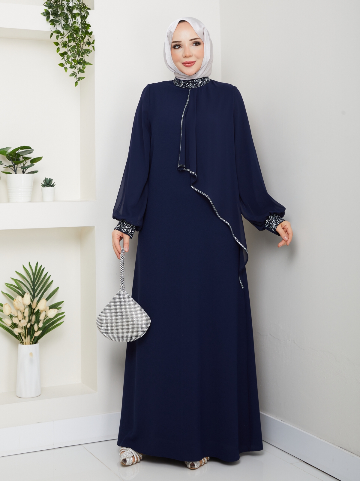 İpek Tesettür Abiye Elbise - Lacivert
