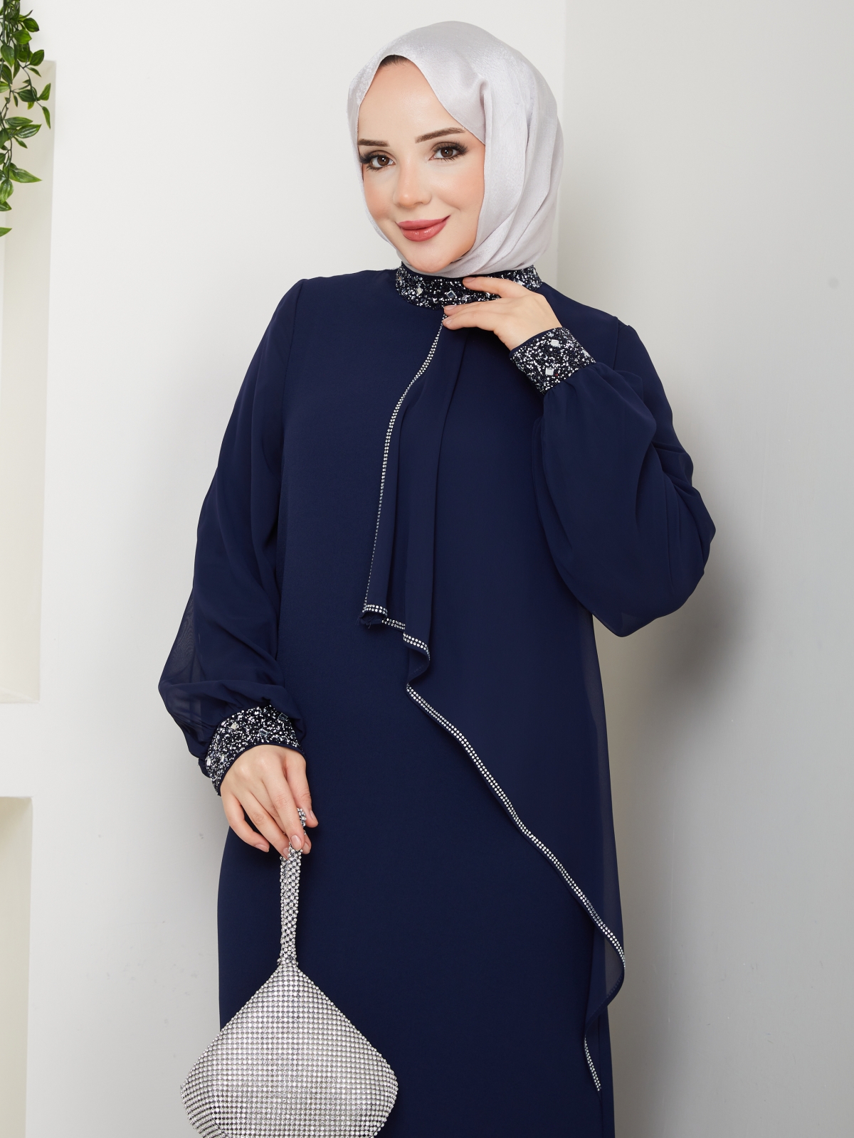 İpek Tesettür Abiye Elbise - Lacivert