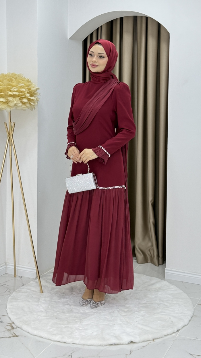 Beyhan Tesettür Abiye Elbise - Bordo