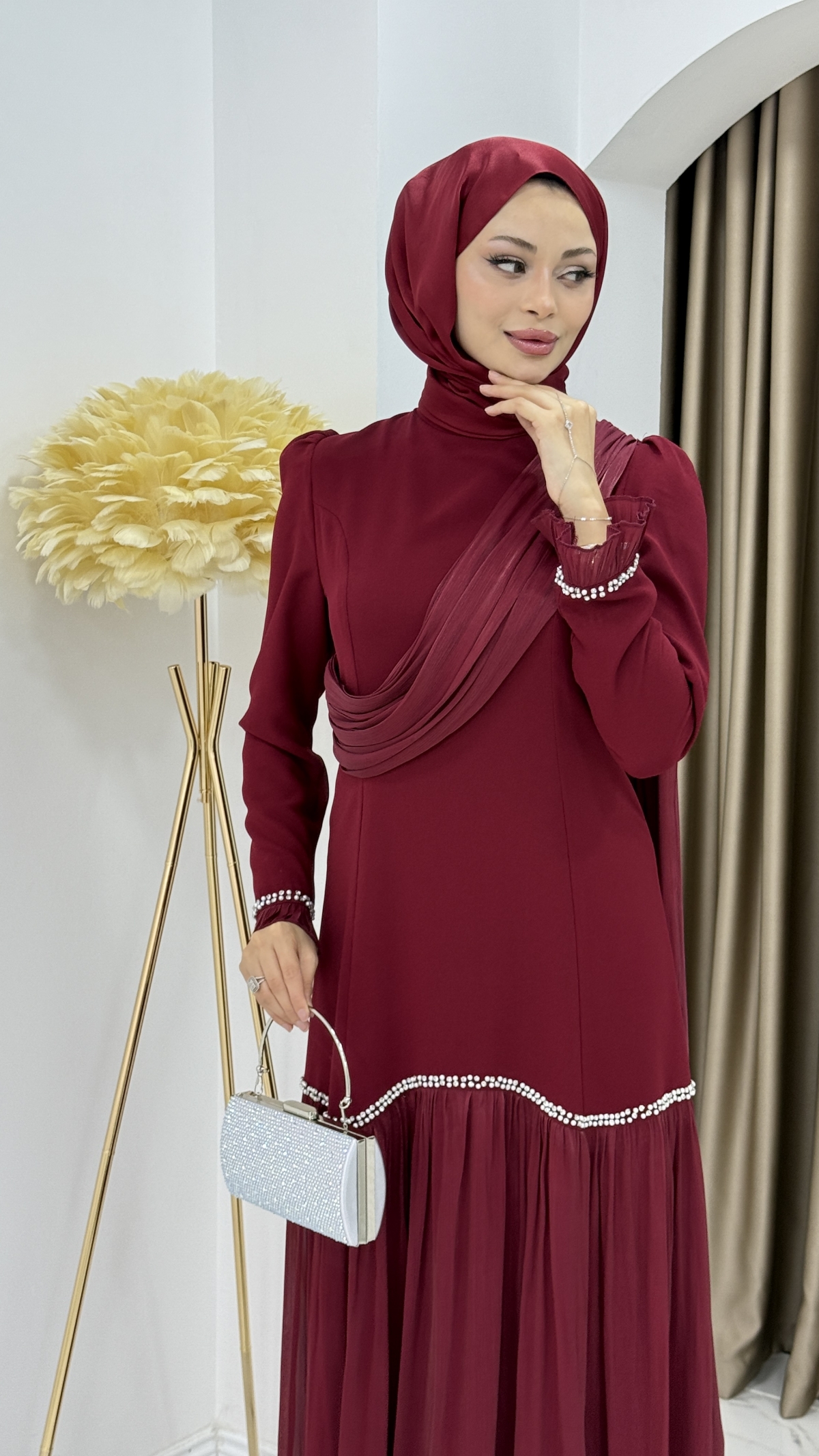 Beyhan Tesettür Abiye Elbise - Bordo