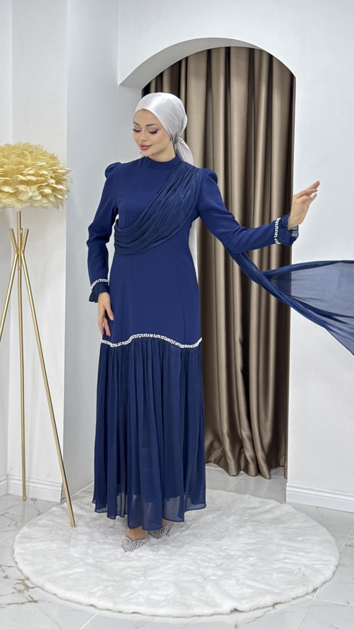 Beyhan Tesettür Abiye Elbise - Mavi