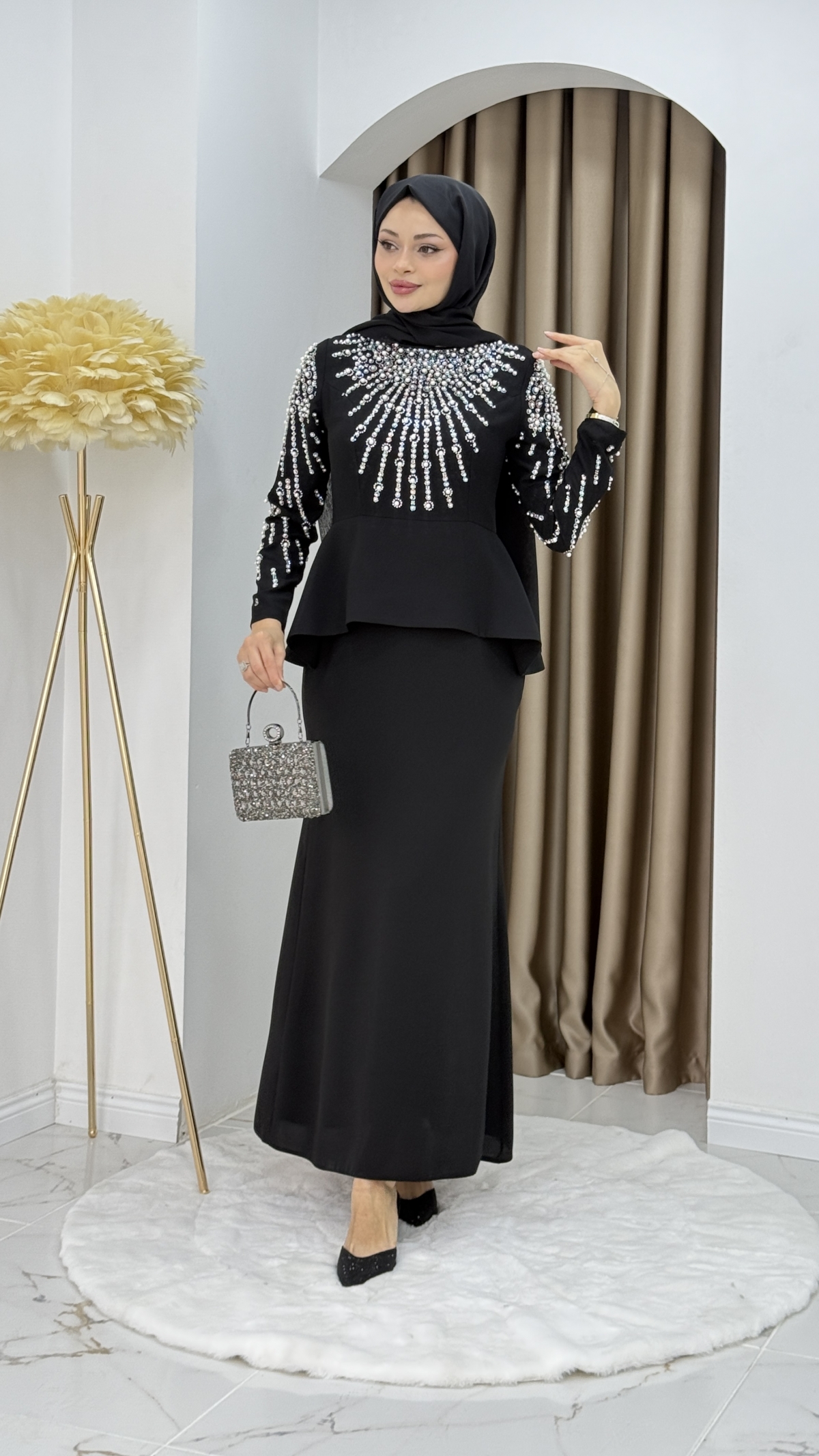 Prenses Tesettür Abiye Elbise - Siyah