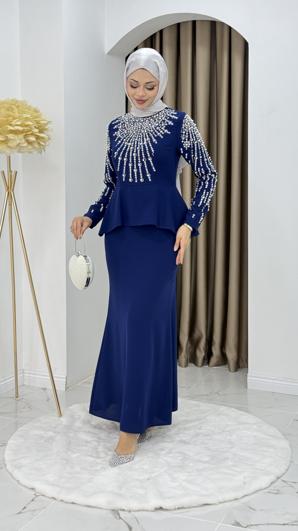 Prenses Tesettür Abiye Elbise - Mavi