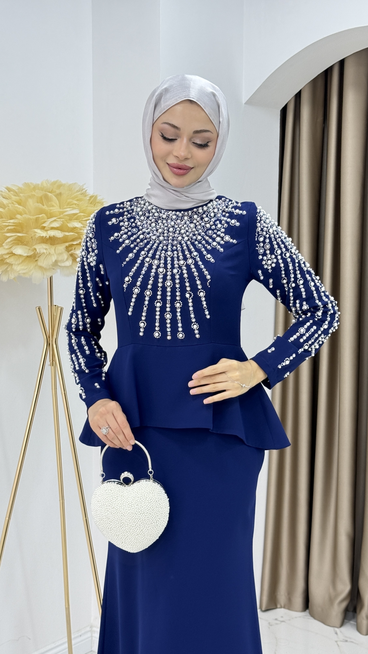 Prenses Tesettür Abiye Elbise - Mavi