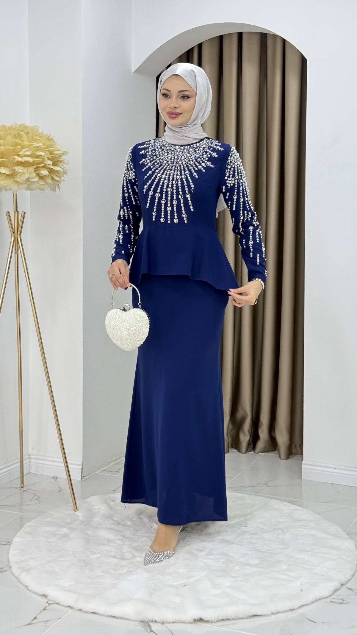 Prenses Tesettür Abiye Elbise - Mavi
