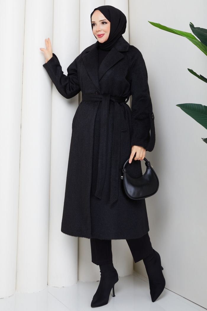 Ceyda Tesettür Kaşe Kaban - Siyah