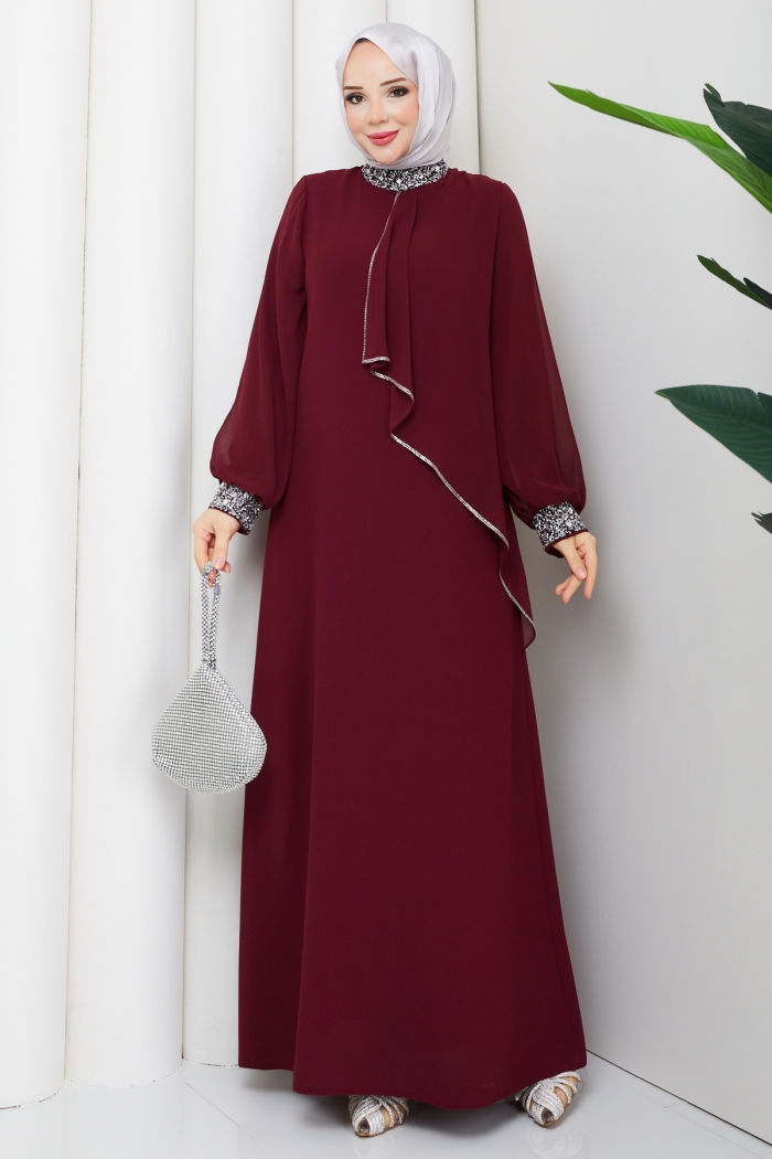 İpek Tesettür Abiye Elbise - Bordo