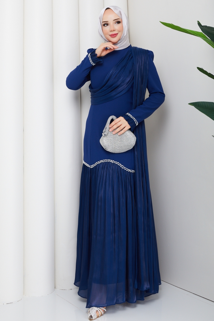 Beyhan Tesettür Abiye Elbise - Mavi