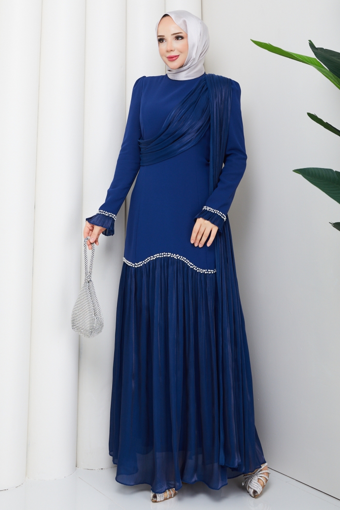 Beyhan Tesettür Abiye Elbise - Mavi