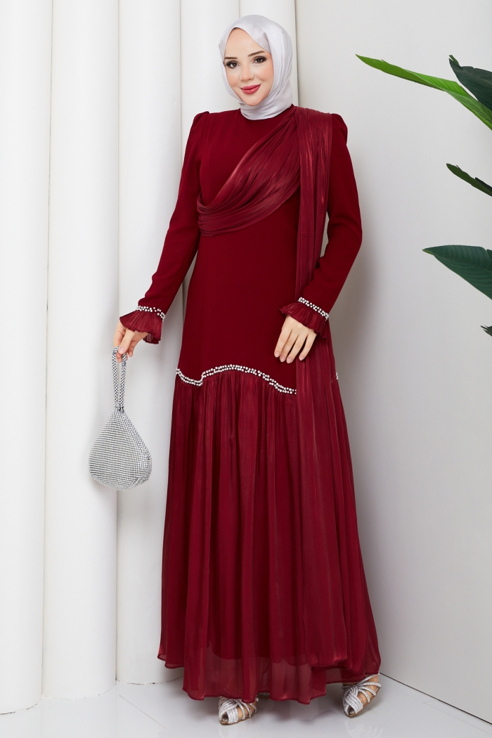 Beyhan Tesettür Abiye Elbise - Bordo