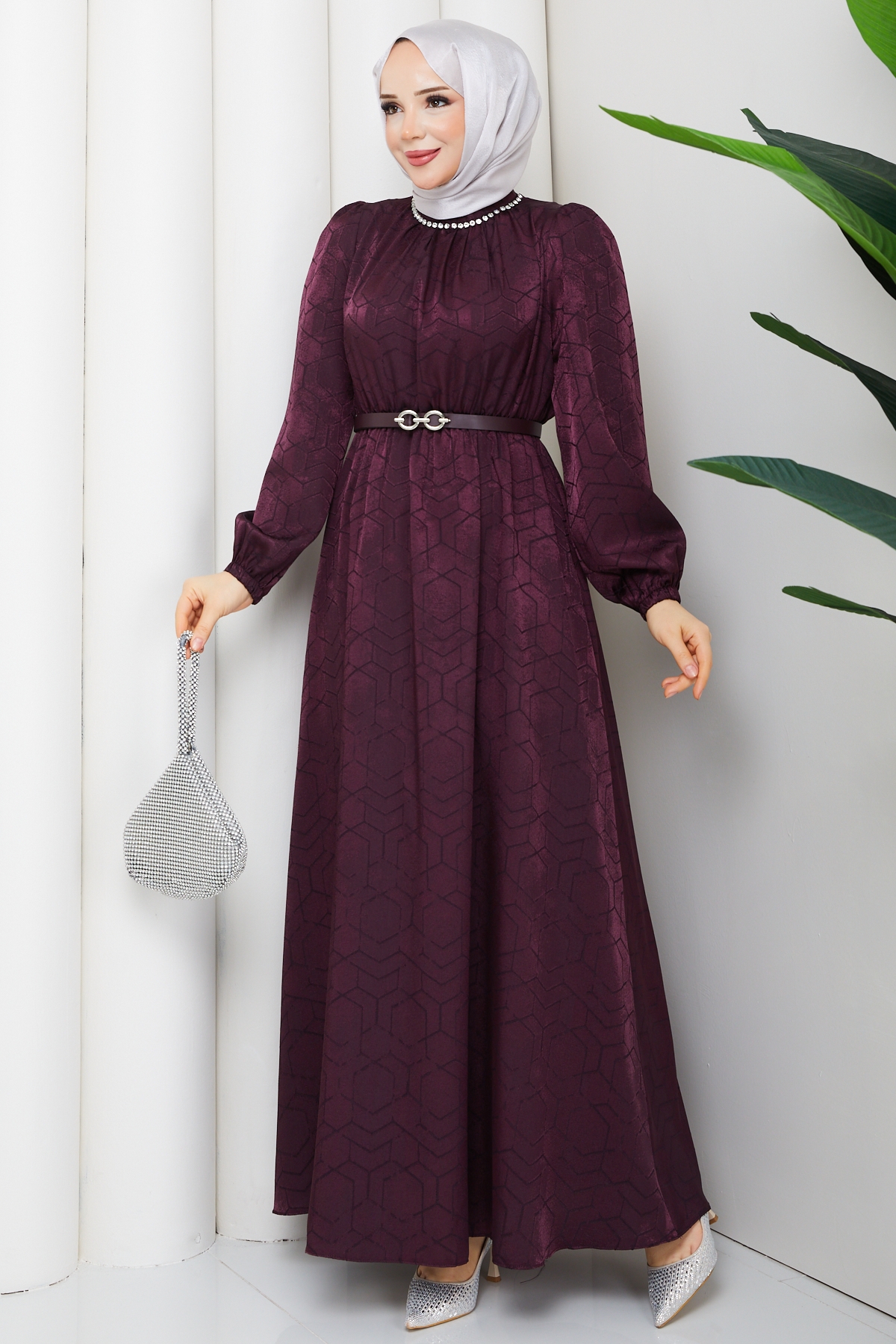 Işık Tesettür Elbise - Mürdüm