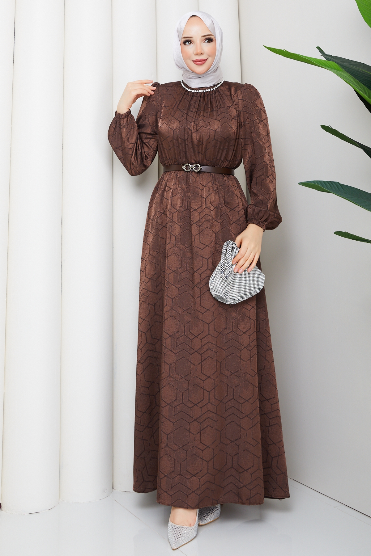 Işık Tesettür Elbise - Kahve