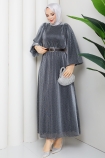 Kemerli Tesettür Elbise - Antrasit
