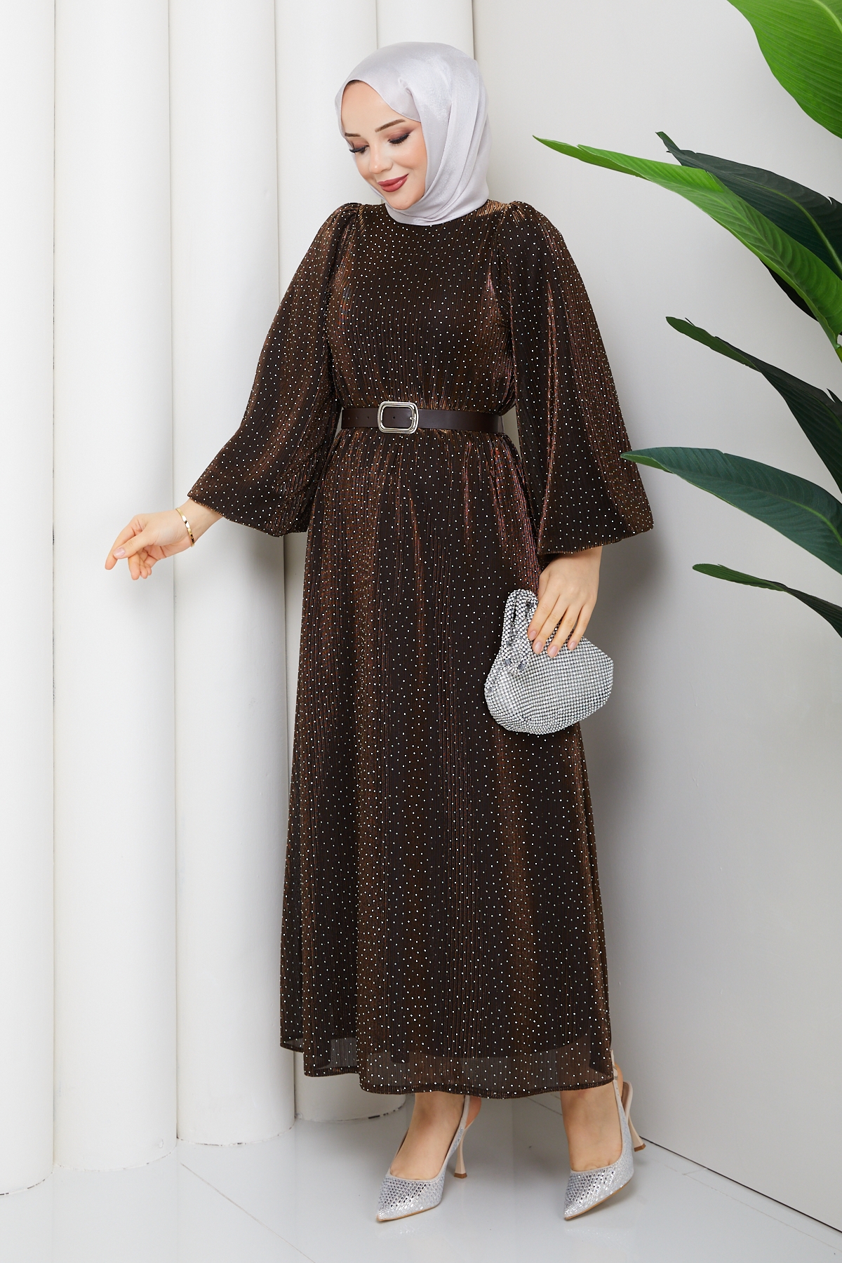 Kemerli Tesettür Elbise - Kahve
