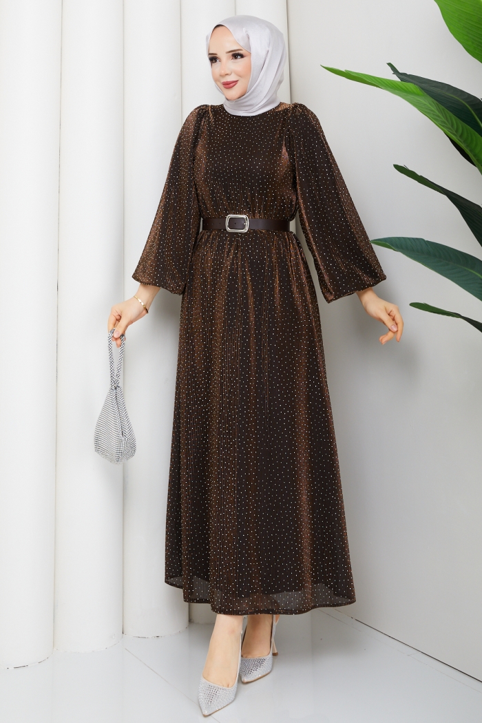 Kemerli Tesettür Elbise - Kahve