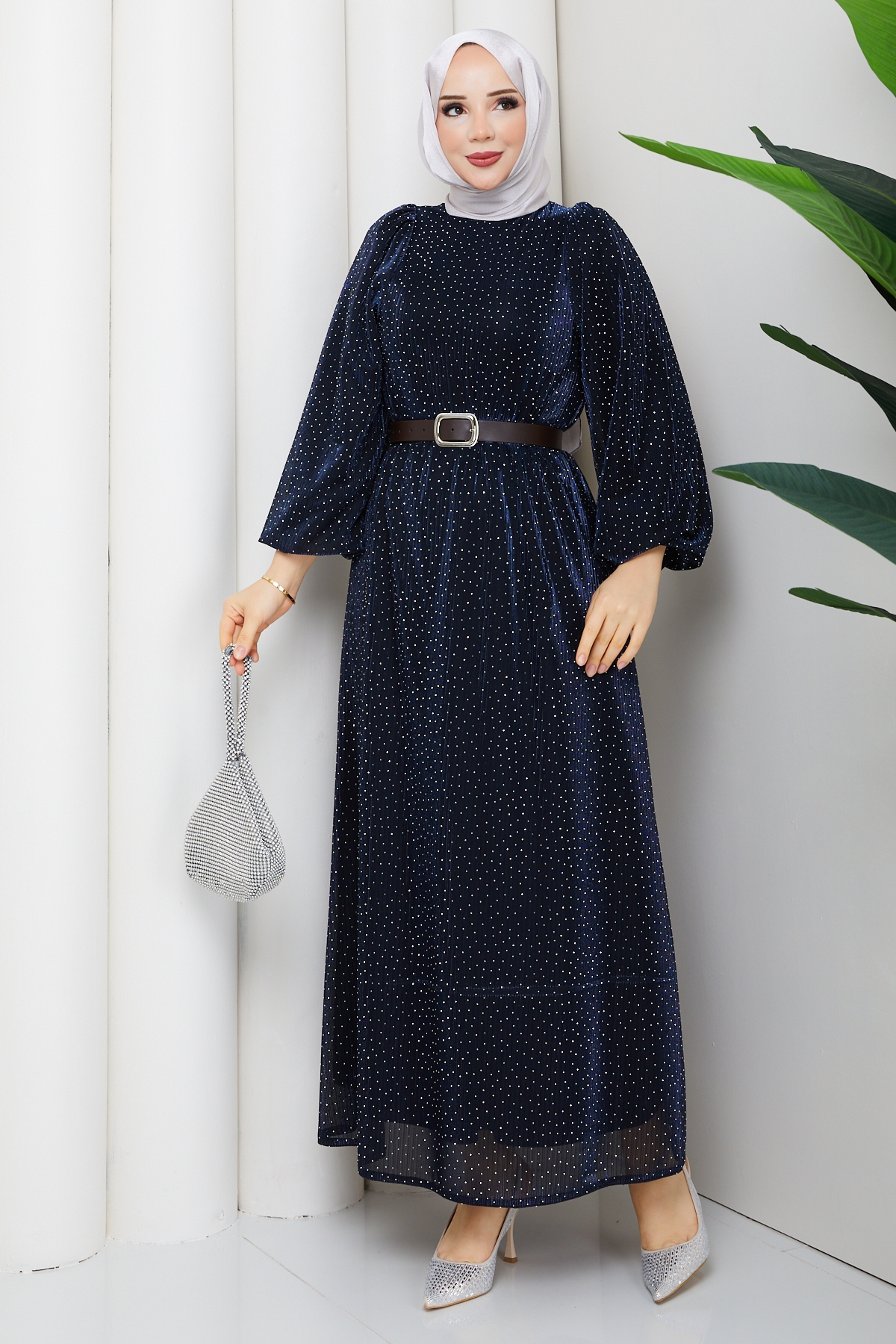Kemerli Tesettür Elbise - Lacivert