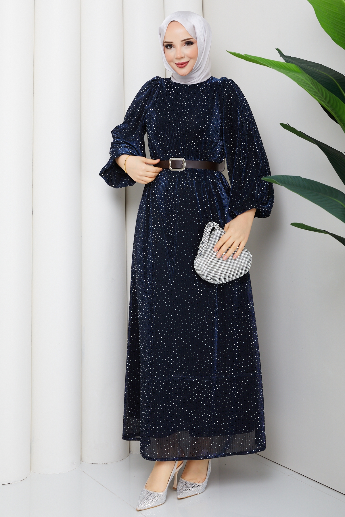 Kemerli Tesettür Elbise - Lacivert