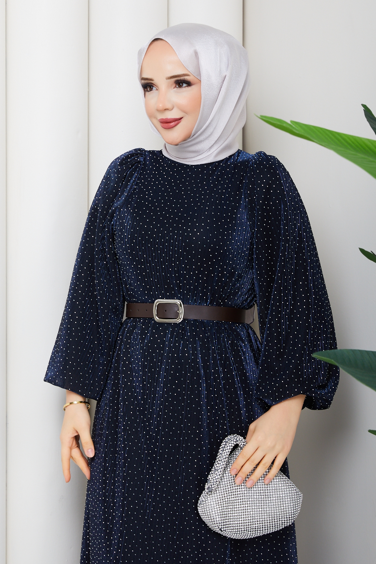 Kemerli Tesettür Elbise - Lacivert