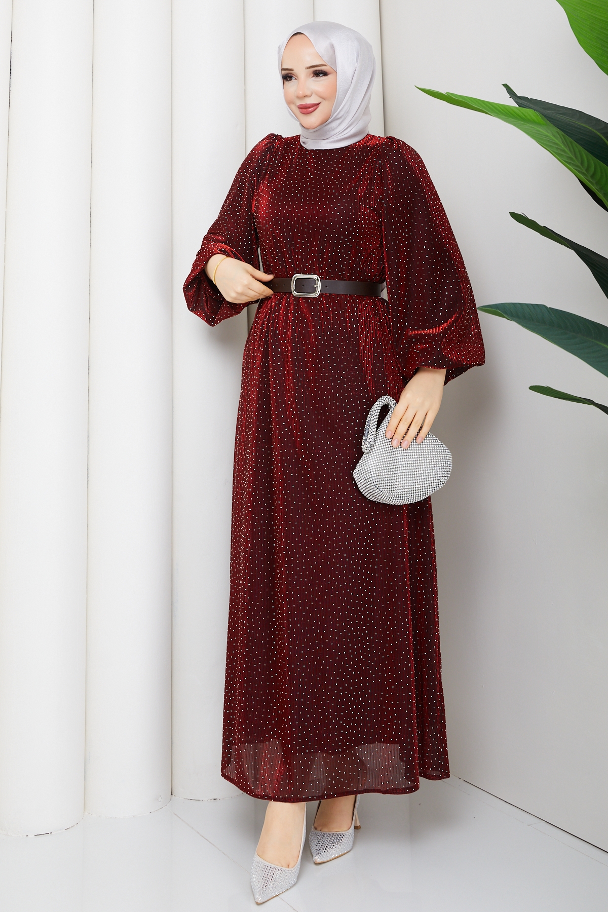 Kemerli Tesettür Elbise - Kırmızı