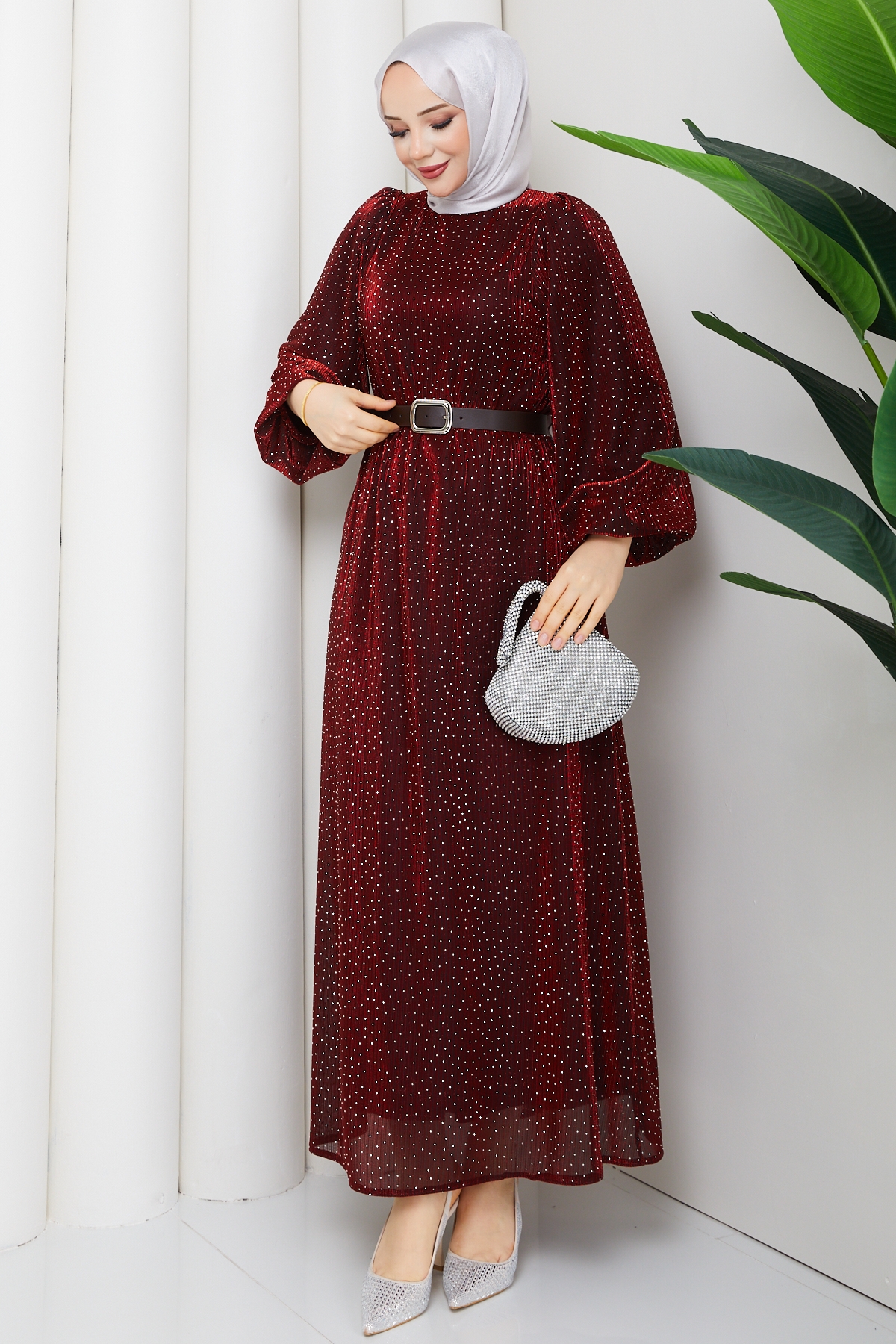 Kemerli Tesettür Elbise - Kırmızı