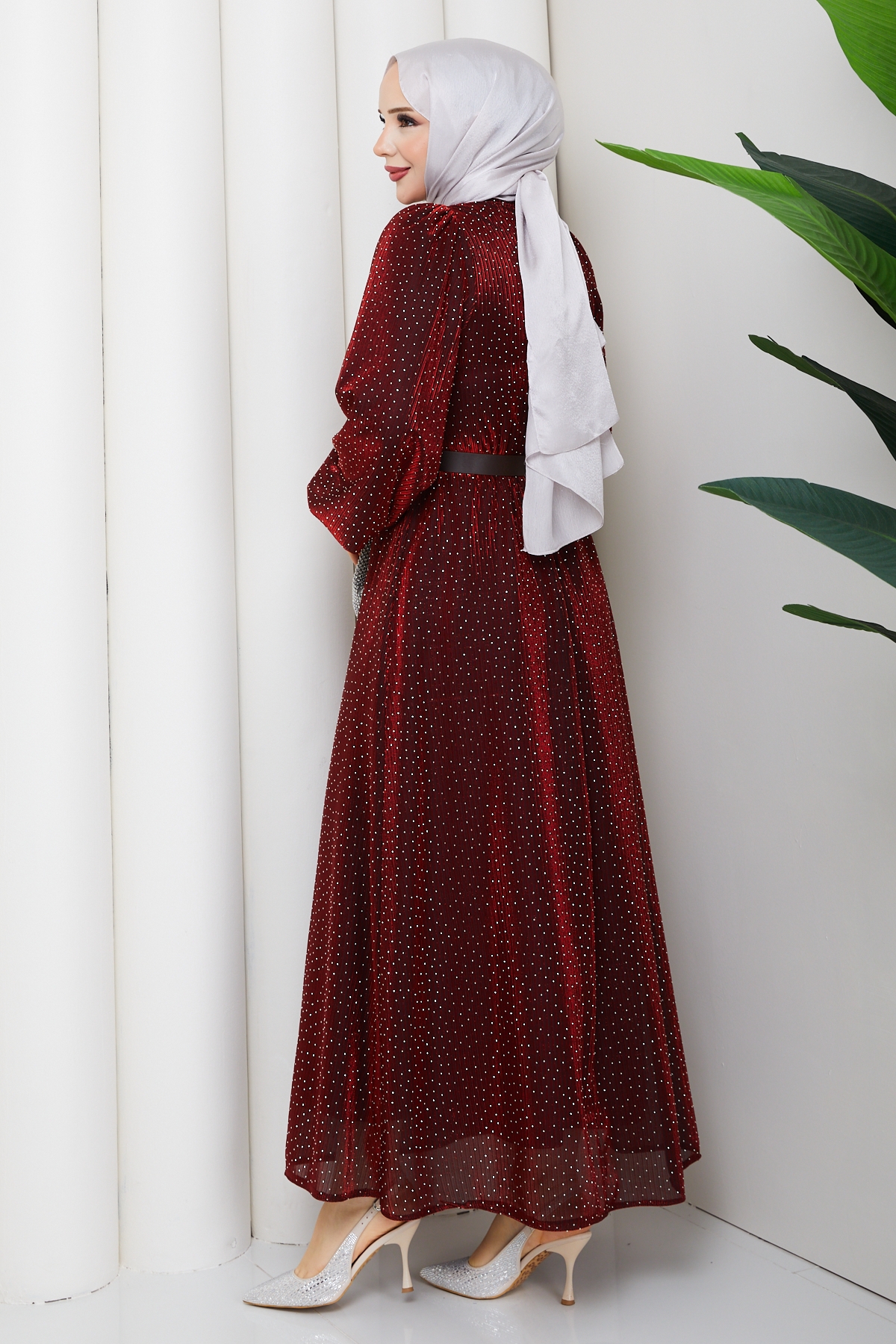 Kemerli Tesettür Elbise - Kırmızı