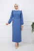 Fırfır Detaylı Kemerli Kalem Elbise - Mavi