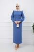 Fırfır Detaylı Kemerli Kalem Elbise - Mavi