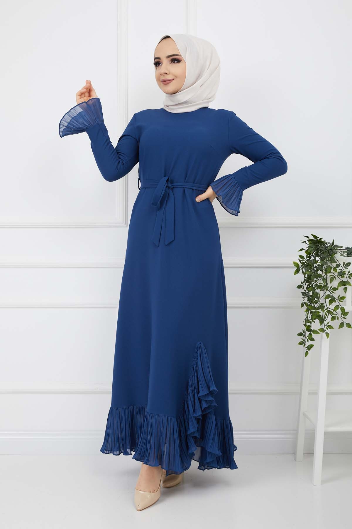 Pilise Detaylı Elbise - Mavi