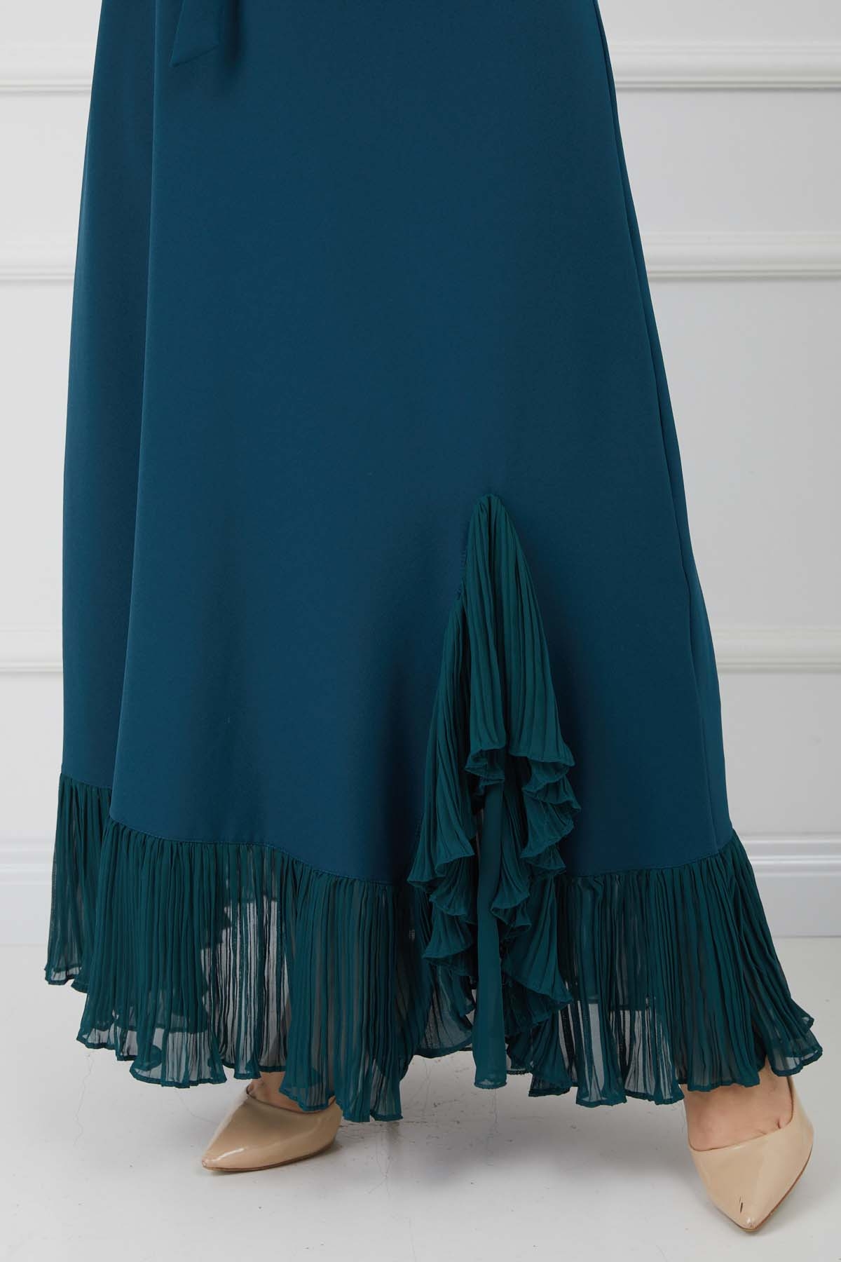 Pilise Detaylı Elbise - Petrol Mavisi