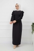Kolu Fırfırlı Kalem Elbise - Siyah