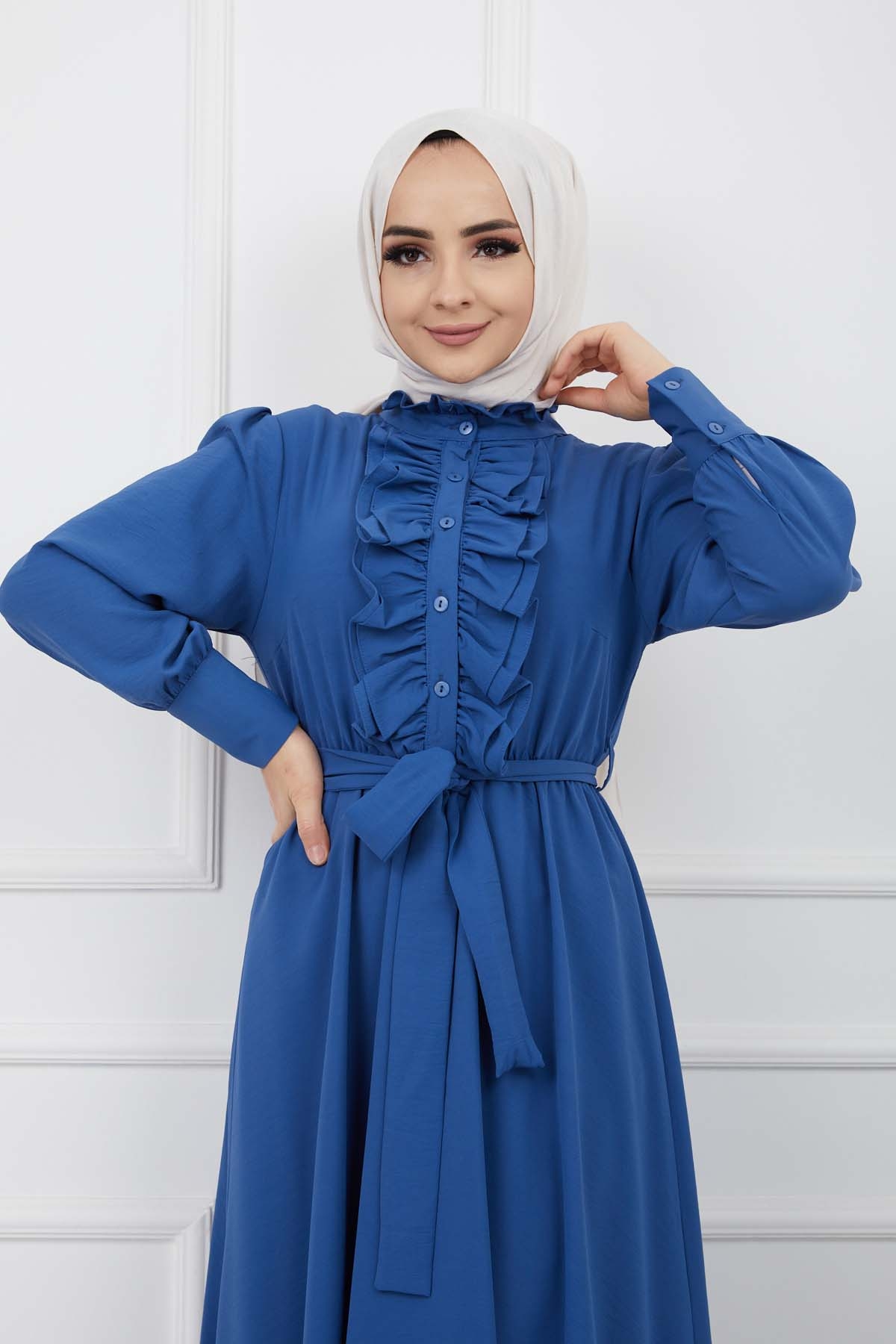 Önü Düğmeli Elbise - Mavi