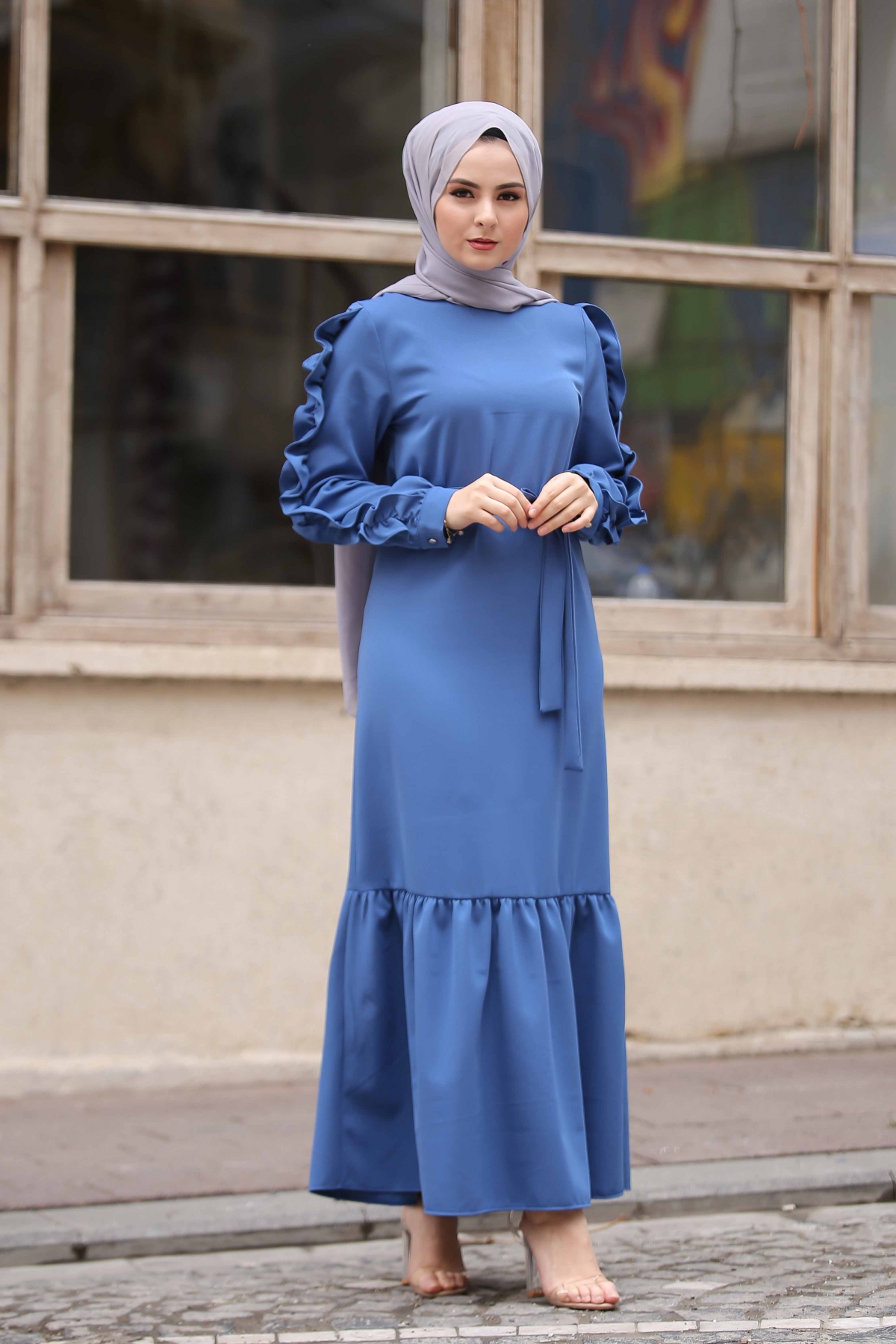 Kolu Fırfırlı Boydan Elbise - Mavi