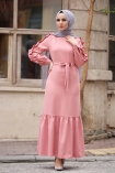 Kolu Fırfırlı Boydan Elbise - Pudra